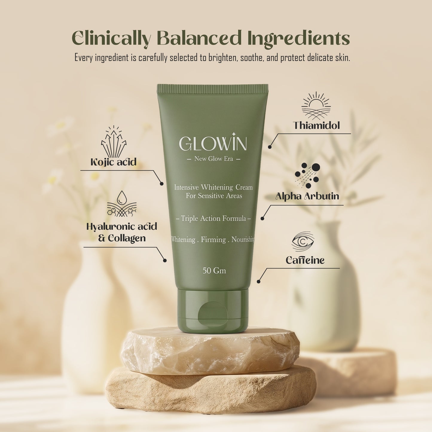 Glowin Triple-Action Brightening Cream For Sensitive Areas – 50g